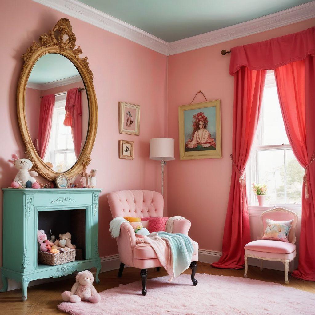 A whimsical bedroom scene featuring a stylish lingerie display with vibrant, playful colors; various cheeky lingerie pieces draped over a vintage chair next to a mirror, soft pastel walls adorned with fun art; a cozy throw blanket and scattered playful accessories, like colorful socks and quirky plush toys, creating a joyful ambiance. bright and colorful, super-realistic.